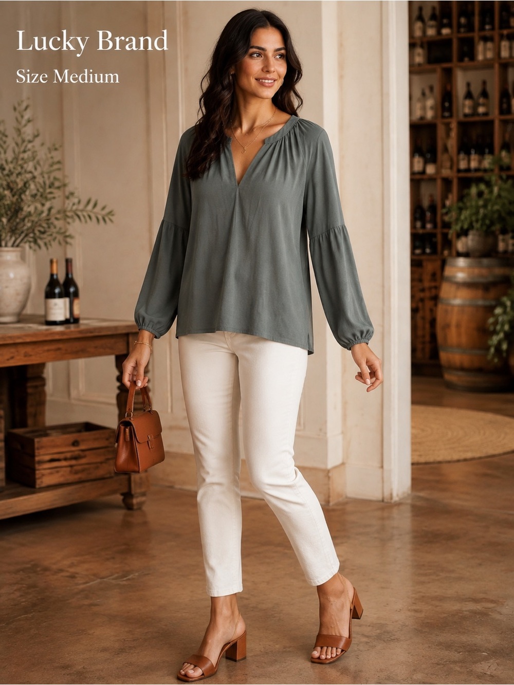 Lucky Brand Olive Gray Modal Peasant Blouse Long Sleeve Medium - Picture 1 of 10